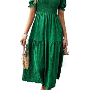 Women's Dark Green Textured Smocked Puff Short Sleeve High Waist Long Dress