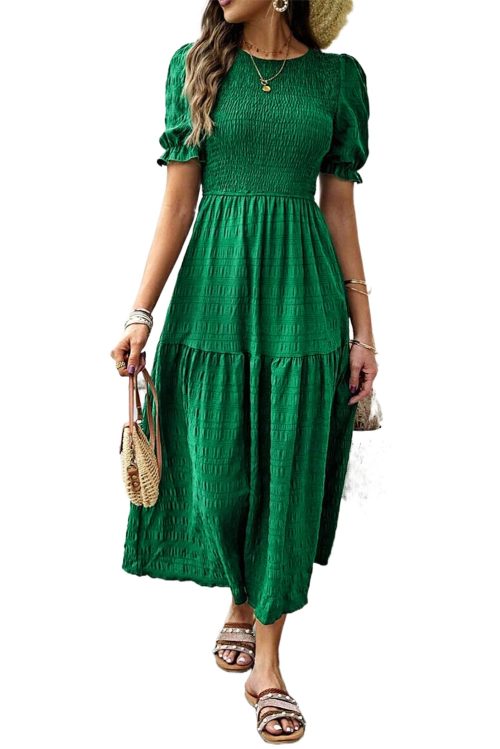 Women's Dark Green Textured Smocked Puff Short Sleeve High Waist Long Dress