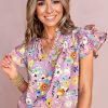 Women's Pink Floral V Neck Top with Flutter Sleeves - Elegant Spring/Summer Style - Image 2