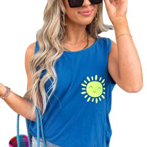 Women's Blue Sun Graphic Casual Tank Top - Stylish Sleeveless Summer Tee
