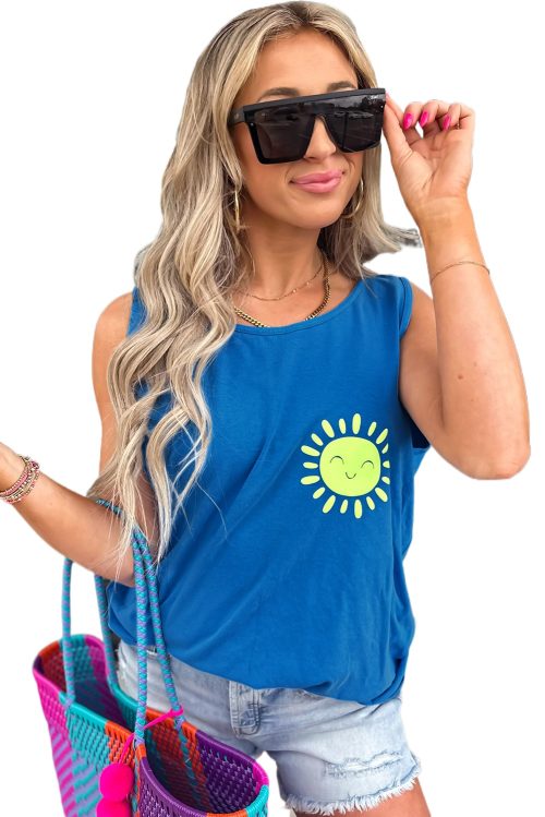Women's Blue Sun Graphic Casual Tank Top - Stylish Sleeveless Summer Tee