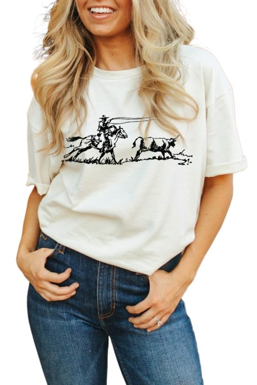 Women's White Western Rodeo Graphic T-Shirt – Casual Crew Neck Tee