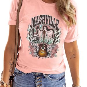 Women's Pink NASHVILLE MUSIC CITY Guitar Graphic T-Shirt - Casual Summer Style