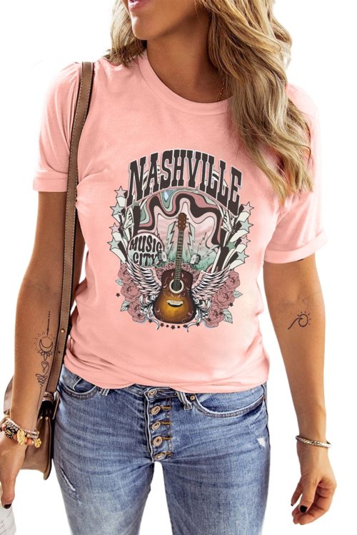 Women's Pink NASHVILLE MUSIC CITY Guitar Graphic T-Shirt - Casual Summer Style