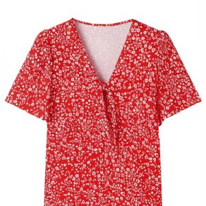 Women's Red Boho Floral Printed Half Sleeve Knotted V Neck Blouse for Trendy Summer Style