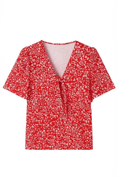 Women's Red Boho Floral Printed Half Sleeve Knotted V Neck Blouse for Trendy Summer Style