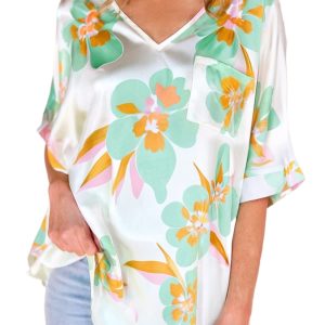Women's Green Floral Print Loose Fit V Neck Half Sleeve Blouse - Elegant Summer Top