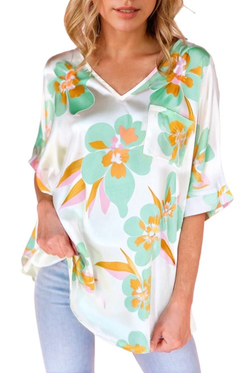 Women's Green Floral Print Loose Fit V Neck Half Sleeve Blouse - Elegant Summer Top