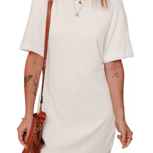 Women's White Drop Shoulder Crew Neck Shift T-Shirt Dress - Casual and Chic
