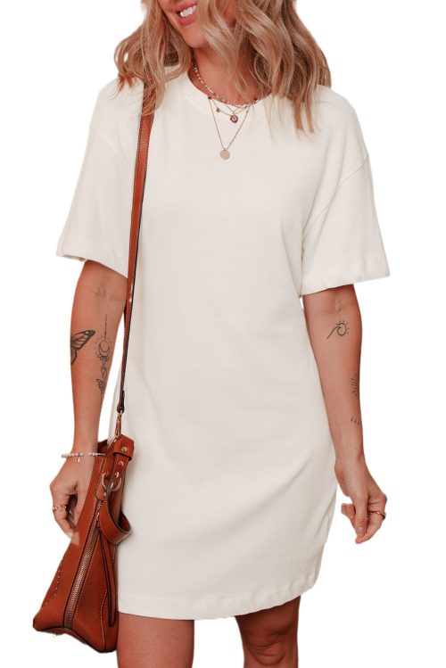 Women's White Drop Shoulder Crew Neck Shift T-Shirt Dress - Casual and Chic