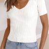 Women's Lightweight White V Neck Ribbed Knit Short Sleeve Sweater - Image 6