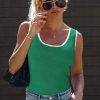 Women's Dark Green Lightweight Ribbed Knit Sweater Vest with Contrast Trim - Image 13