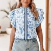 Women's Sky Blue Floral Print Ruffled Short Sleeve Blouse – Stylish Summer Top - Image 3