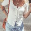 Women's White Textured Half Sleeve Shirt with Snap Button and Drawstring Tie Neck - Image 5