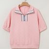 Women's Light Pink Textured Half Sleeve Blouse with Contrast Striped Collar - Image 4
