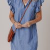 Women's Sky Blue Stripe Frilly Split Neck Shirred Ruffle Sleeve Mini Dress - Image 4