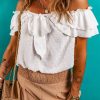 Women's White Off Shoulder Ruffle Knotted Detail Swiss Dot Blouse - Image 6