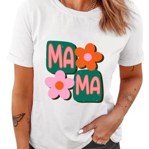 Women's White MAMA Flower Graphic Crewneck Tee - Perfect Gift for Moms