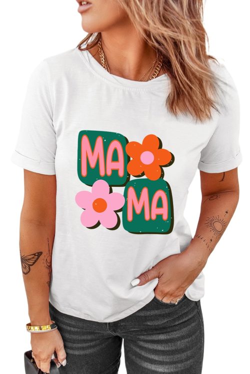 Women's White MAMA Flower Graphic Crewneck Tee - Perfect Gift for Moms
