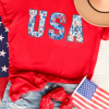 Women's Red Floral USA Graphic Cuffed Sleeve Crew Neck Tee - Image 3