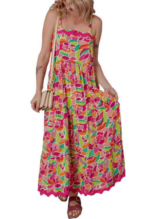 Women's Multicolour Floral Tied Straps Ricrac Trim Maxi Dress for Summer