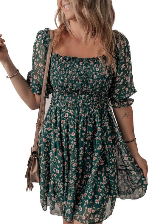 Women's Green Smocked Square Neck Puff Short Sleeve Floral Mini Dress