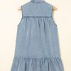 Women's Real Teal Bowknot Neck Sleeveless Ruffled Chambray Mini Dress - Image 6