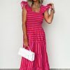 Women's Rose Stripe Flutter Sleeve Smocked Bodice Tiered Maxi Dress - Elegant Casual Summer Dress - Image 3