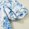 Women's Sky Blue Floral Tiered Puff Short Sleeve Pleated Bust Buttoned Casual Shirt - Image 14