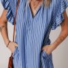 Women's Sky Blue Stripe Frilly Split Neck Shirred Ruffle Sleeve Mini Dress - Image 6