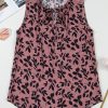 Women's Brown Leaf Print Lace-Up V Neck Crinkled Tank Top for Summer - Image 3