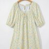 Women's Green Floral Half Sleeve Frilled U Neck A-Line Short Dress for Casual Outings - Image 6