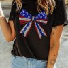 Women's Black Rhinestone Stars and Stripes Bow Graphic Tee for Independence Day - Image 7