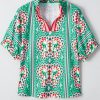 Women's Sea Green Boho Abstract Print Contrast Striped V Neck Blouse - Image 4