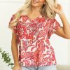 Women's Red Vintage Floral Ruffle Sleeve V Neck Blouse - Lightweight Chiffon Summer Top - Image 6