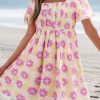 Women's Rose Vibrant Floral Square Neck Puff Sleeve Pleated Flared Midi Dress for Summer - Image 10