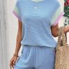 Women's Beau Blue Corded Knit Color Block Round Neck Cap Sleeve 2-Piece Short Set - Image 7
