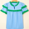 Women's Mist Blue Contrast Notched Neck Blouse with Frilly Detail and Short Sleeves - Image 5