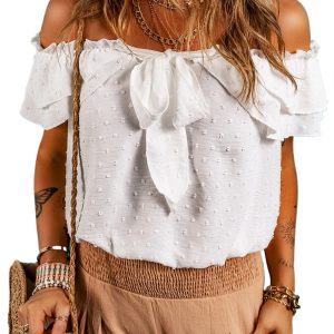 Women's White Off Shoulder Ruffle Knotted Detail Swiss Dot Blouse