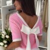 Women's Bonbon Colorblock Short Sleeve Sweater with Bow Applique and V-Shape Cut Back - Image 7