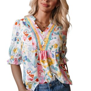 Women's Vibrant Pink Boho Flower Print Half Puff Sleeve Blouse