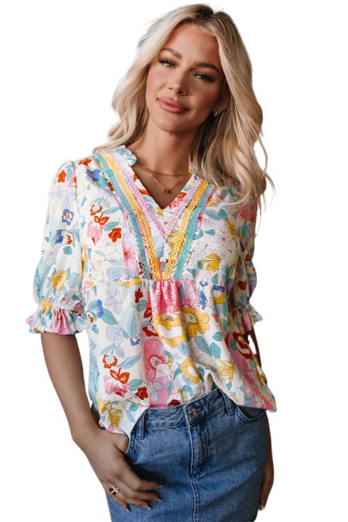 Women's Vibrant Pink Boho Flower Print Half Puff Sleeve Blouse