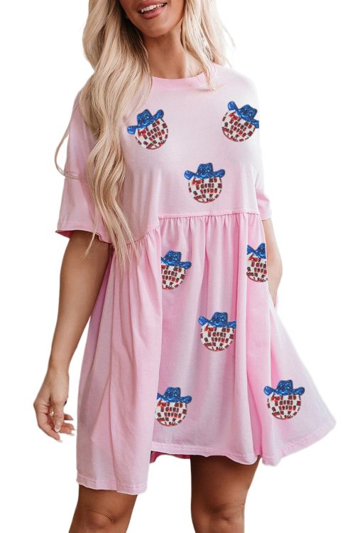 Women's Light Pink American Flag Inspired Sequin Disco Ball Patched Mini Dress