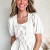 Elegant Women's White Bow Knot Decor Square Neck Puff Sleeve Peplum Top - Image 13