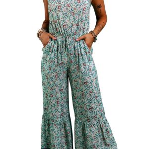 Women's Green Bohemian Floral Ruffle Bottom Spaghetti Strap Jumpsuit for Summer