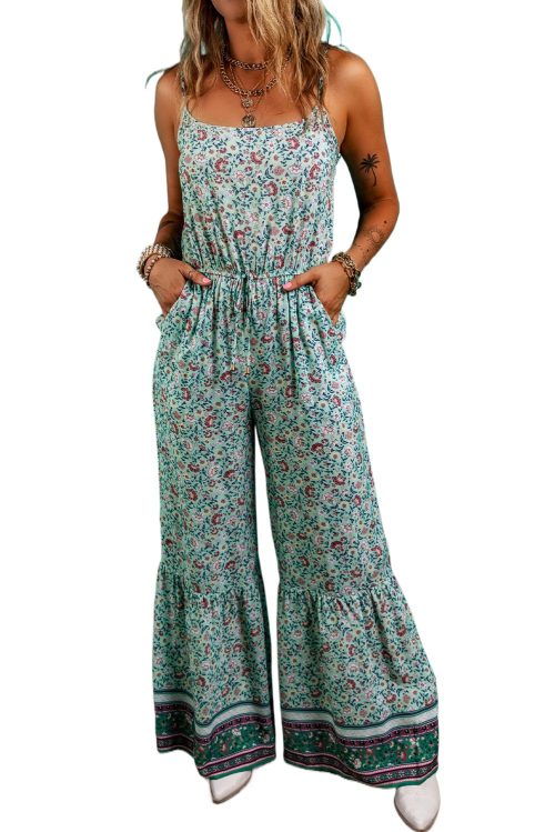 Women's Green Bohemian Floral Ruffle Bottom Spaghetti Strap Jumpsuit for Summer