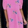 Bright Pink Sequin Bow Spiral Ribbed Puff Sleeve T-Shirt Dress with Flag Pattern - Image 2