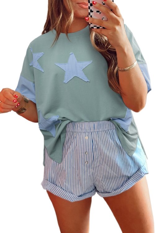Women's Smoke Green Oversized T-Shirt with Frayed Denim Star Patch
