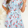 Women's Sky Blue Stripe Floral Ruffle Mini Dress with Belt - Image 11
