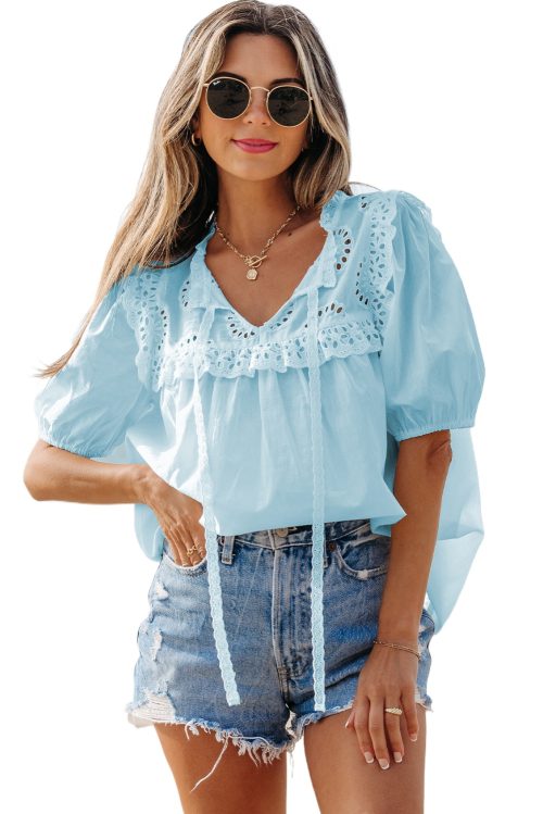 Women's Mist Blue Embroidered Lace Patchwork Tie Neck Puff Short Sleeve Blouse